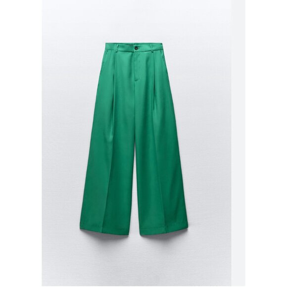 Zara Womens Pants Size XL Trousers Green Flowy Pleated Wide Leg 5427/420 NWOT - Picture 3 of 13